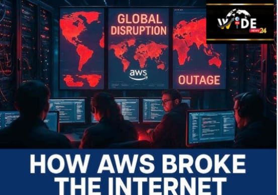 Team monitors global AWS outage as red world maps display ‘Global Disruption’ — illustrating how a single cloud failure broke the internet on October 21, 2025