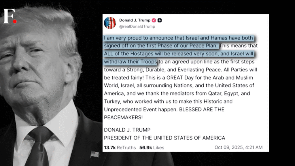 Donald Trump announces Israel-Hamas ceasefire deal on social media: “All hostages will be released, Israel will withdraw troops
